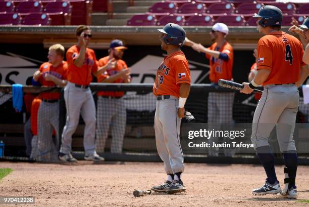 Henry Sanchez of of UT Tyler celebrate after scoring a run against Texas Lutheran University during the 2018 NCAA Photos via Getty Images Division...