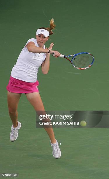 Olga Govortsova of Belarus competes against US tennis champion Venus Williams during the two million dollar WTA Dubai Open championship in the Gulf...