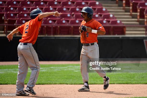 Henry Sanchez of of UT Tyler celebrates after scoring a run during the 2018 NCAA Photos via Getty Images Division III Baseball championship on May...