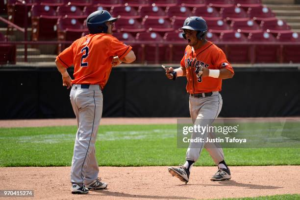 Henry Sanchez of of UT Tyler celebrates after scoring a run during the 2018 NCAA Photos via Getty Images Division III Baseball championship on May...