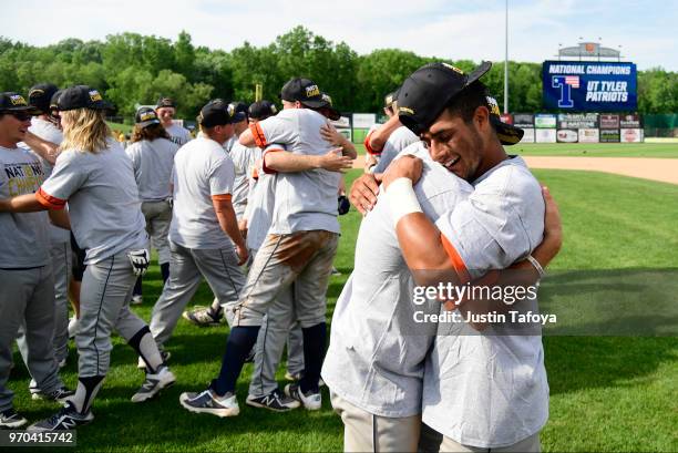 Henry Sanchez of of UT Tyler celebrates during the 2018 NCAA Photos via Getty Images Division III Baseball championship on May 29, 2018 in Appleton,...