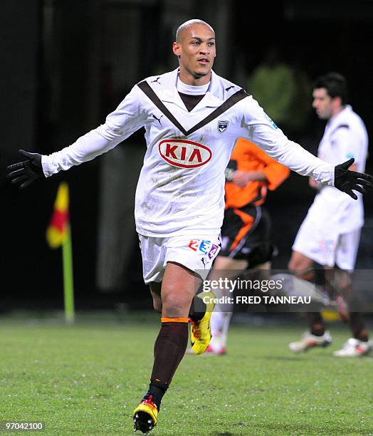 Bordeaux' forward Yoan Gouffran jubilates after scoring a goal during the French League Cup football match Lorient vs. Bordeaux on February 17, 2010...