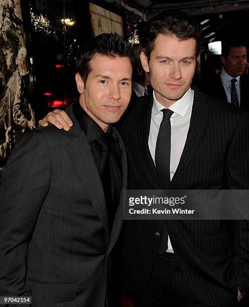 Actors Jon Seda and James Badge Dale arrive at the premiere of HBO's "The Pacific" at the Chinese Theater on February 24, 2010 in Los Angeles,...