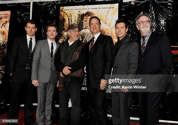 Actors James Badge Dale, Joe Mazzello, executive producers Steven Spielberg, Tom Hanks, actor Jon Seda and executive producer Gary Goetzman arrive at...