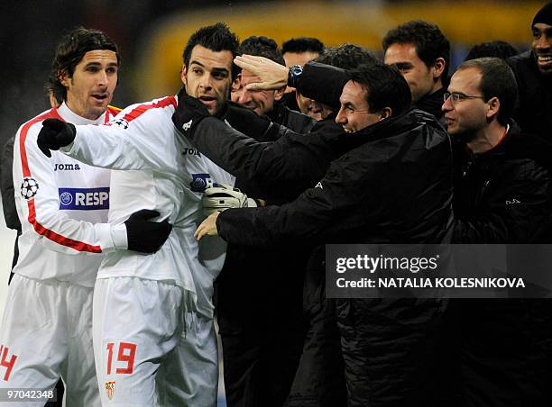 Alvaro Negredo of Sevilla celebrates after scoring against CSKA on February 24, 2010 during their last 16 round UEFA Champions League football match....