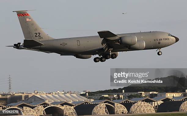 Air Force KC135 aircraft taxis to take off at the Kadena Air Base on February 25, 2010 in Kadena, Japan. U.S. And Japan will begin talks on Futemma...