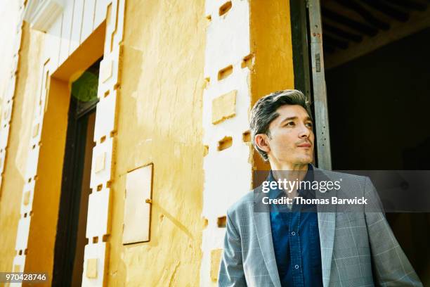 portrait of businessman standing in doorway of hotel - appear ストックフォトと画像