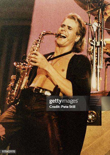Steve Norman of Spandau Ballet plays saxaphone on stage during the 'Parade' tour at Wembley Arena on December 8th, 1984 in London, England.