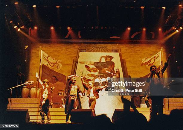 John Keeble, Steve Norman, Gary Kemp, Martin Kemp and Tony Hadley of Spandau Ballet wave farewell to the audience at the end of their concert, during...