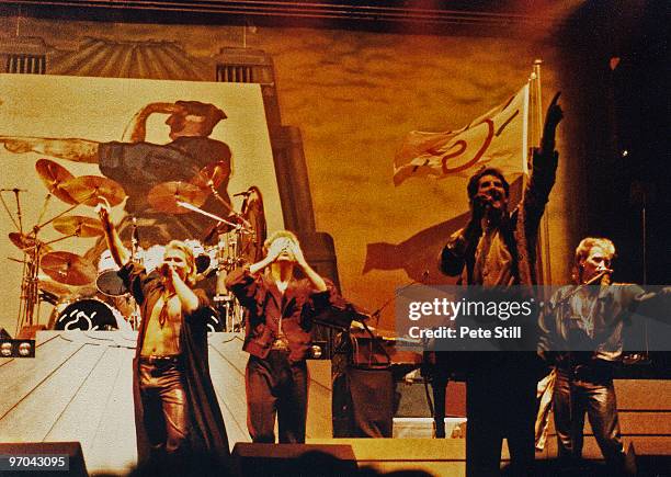 Steve Norman, Gary Kemp, Tony Hadley and Martin Kemp of Spandau Ballet wave farewell to the audience at the end of their concert, during the 'Parade'...