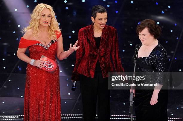 Antonella Clerici and Susan Boyle attends the 60th Sanremo Song Festival at the Ariston Theatre On February 16, 2010 in San Remo, Italy.