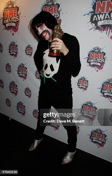 Noel Fielding poses with his best DVD award for The Mighty Boosh in front of the winners boards at the Shockwaves NME Awards 2010 held at Brixton...