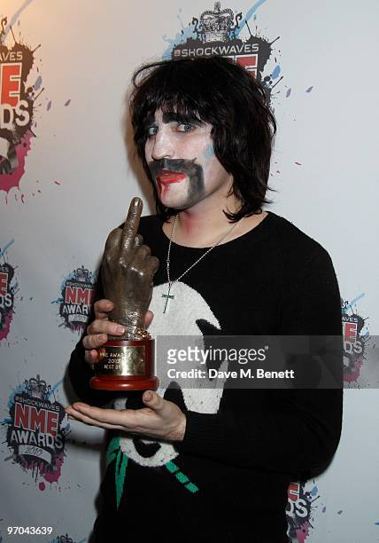 Noel Fielding poses with his best DVD award for The Mighty Boosh in front of the winners boards at the Shockwaves NME Awards 2010 held at Brixton...