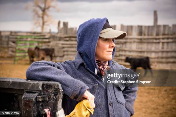 portrait of a woman working on montana ranch - rancher photos et images de collection