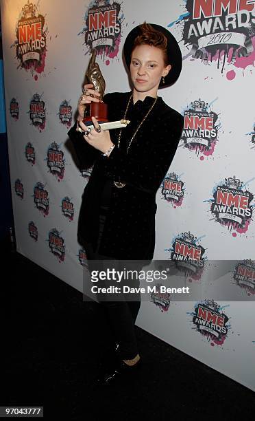 La Roux poses with her award for Best Dancefloor Filler in the Award Room at the Shockwaves NME Awards 2010 at Brixton Academy on February 24, 2010...