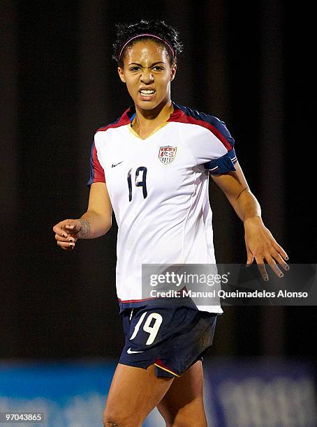 Sidney Leroux of USA reacts during the Women's international friendly match between Germany and USA on February 24, 2010 in La Manga, Spain.