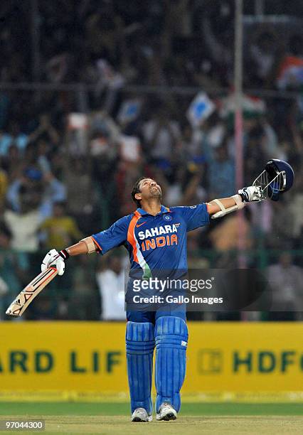 Sachin Tendulkar of India celebrates his 200, the first ever double hundred in a one day international, during the 2nd ODI between India and South...