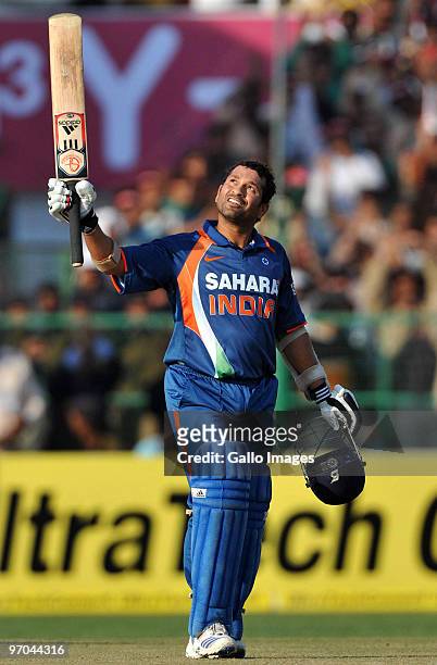 Sachin Tendulkar of India celebrates his 200, the first ever double hundred in a one day international, during the 2nd ODI between India and South...