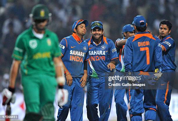 Sree Sreesanth of India celebrates the wicket of Dale Steyn of South Africa for a duck during the 2nd ODI between India and South Africa at Captain...