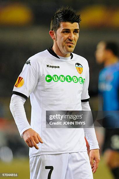 Valencia FC's David Villa reacts during their UEFA Europa League first leg round 32 football match against Club Bruges on February 18, 2010 in...