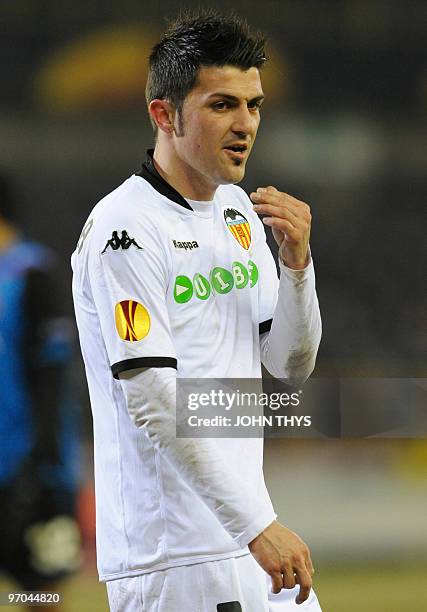 Valencia FC's David Villa reacts during their UEFA Europa League first leg round 32 football match against Club Bruges on February 18, 2010 in...