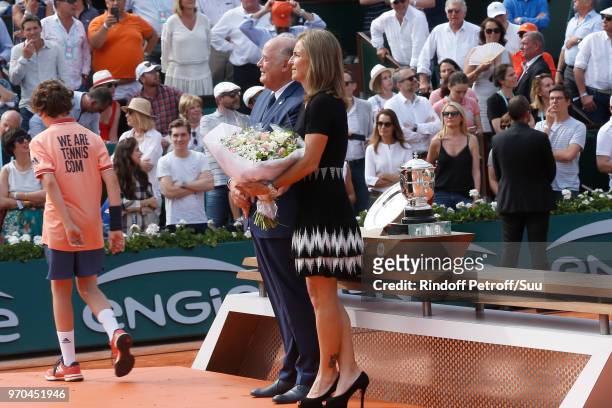 President of French Tennis Federation Bernard Giudicelli and Arantxa Sanchez Vicario attend the Women Final of the 2018 French Open - Day Fourteen at...