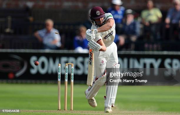 Roelof Van Der Merwe of Somerset is bowled by Matt Milnes of Nottinghamshire during Day One of the Specsavers County Championship Division One match...