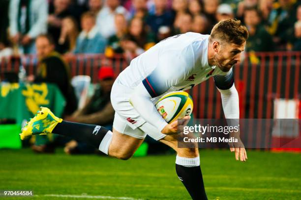 Elliot Daly, fullback of the England team on his way to score a try during the first test between and South Africa and England at Ellis Park on June...