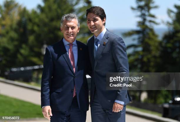 Argentian President Mauricio Macri and Canadian Prime Minister meet at the G7 Outreach Official Welcome on day two of the G7 Summit on June 9, 2018...