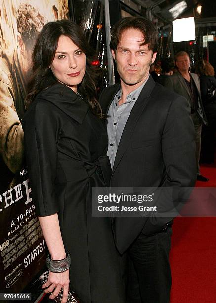 Actors Michelle Forbes and Stephen Moyer arrive to HBO's premiere of "The Pacific" at Grauman's Chinese Theatre on February 24, 2010 in Los Angeles,...