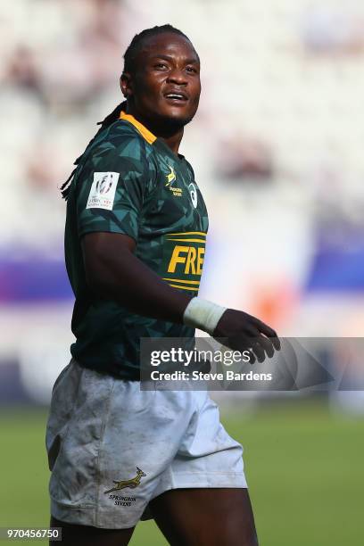 Seabelo Senatla of South Africa during the pool match between South Africa and Canada during the HSBC Paris Sevens at Stade Jean Bouin on June 9,...