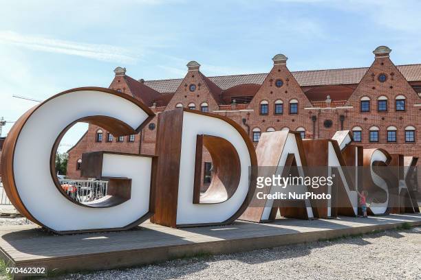Giant Gdansk inscription on the Olowianka island is seen in Gdansk, Poland on 9 June 2018