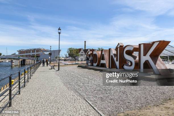 Giant Gdansk inscription on the Olowianka island is seen in Gdansk, Poland on 9 June 2018