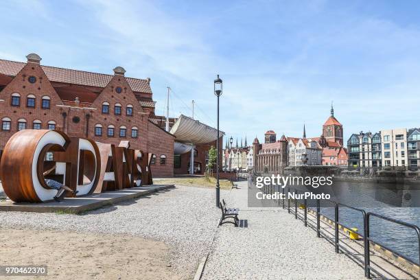 Giant Gdansk inscription on the Olowianka island is seen in Gdansk, Poland on 9 June 2018