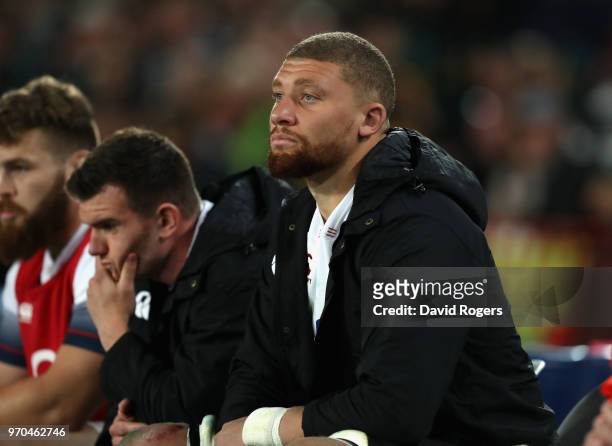 Nick Isiekwe of England looks on from the bench after being replaced in the first half during the first test match between South Africa and England...
