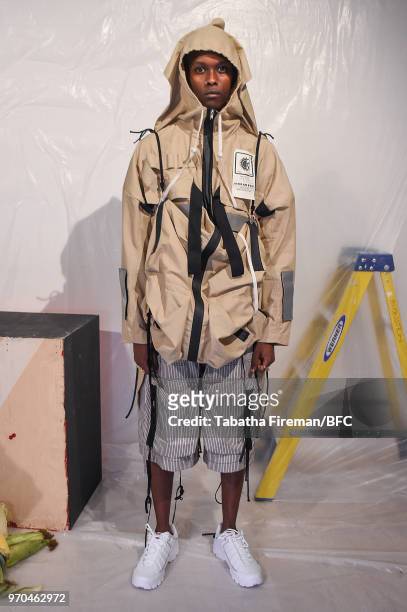 Model at the JORDANLUCA - DiscoveryLab during London Fashion Week Men's June 2018 at BFC Show Space on June 9, 2018 in London, England.
