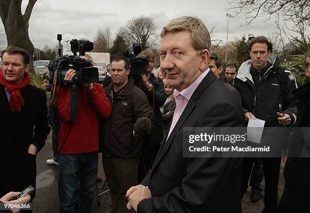 Len McCluskey, the Assistant General Secretary of the Unite union, talks to reporters after British Airways cabin crew staff met at Kempton Park...