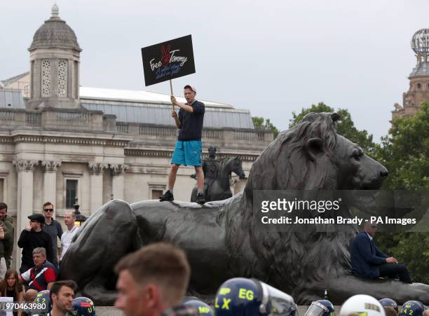 Supporters of Tommy Robinson during their protest in Trafalgar Square, London calling for his release from prison.