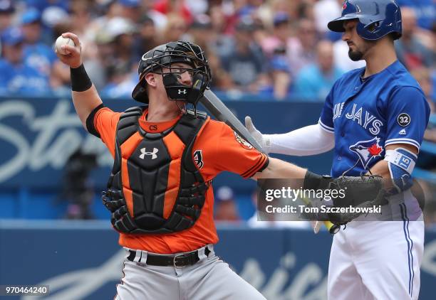 Chance Sisco of the Baltimore Orioles throws out Kevin Pillar of the Toronto Blue Jays who is thrown out attempting to steal second base in the...