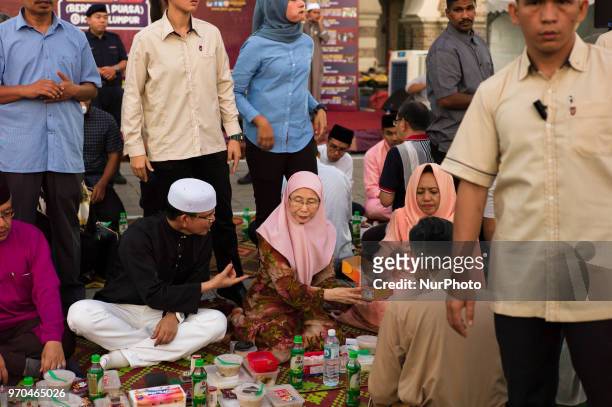 Deputy Prime Minister of Malaysia, Wan Azizah Wan Ismail breaks fast with her supporters during the holy month of Ramadan at the Dataran Merdeka on...