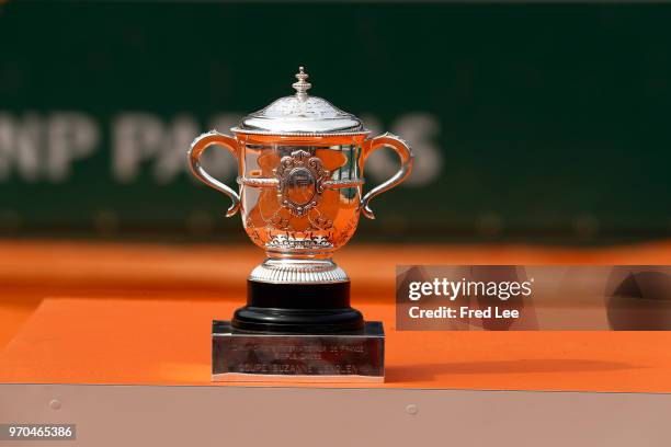 The ladies singles trophy is presented inside Court Philippe Chatrier prior to the Ladies Singles Final between Sloane Stephens of The United States...