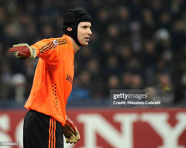 Petr Cech of Chelsea gestures during the UEFA Champions League round of 16 first leg match between FC Inter Milan and Chelsea on February 24, 2010 in...