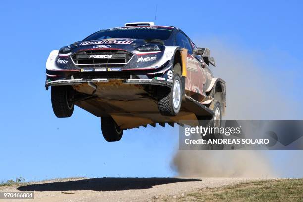 French driver Sebastien Ogier and co-driver Julien Ingrassia drive their Ford Fiesta WRC, during the Micky's Jumps at Monte Lerno, on the third day...