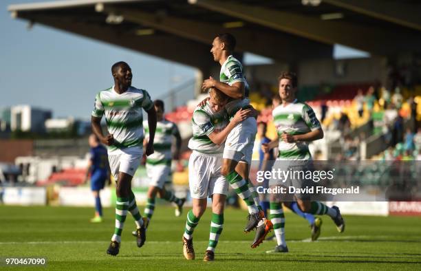 Dublin , Ireland - 9 June 2018; Graham Burke of Shamrock Rovers celebrates after scoring his side's first goal with team mate Brandon Kavanagh during...