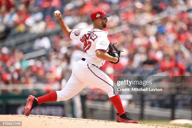 Gio Gonzalez of the Washington Nationals pitches in the third inning during a baseball game against the San Francisco Giants at Nationals Park on...