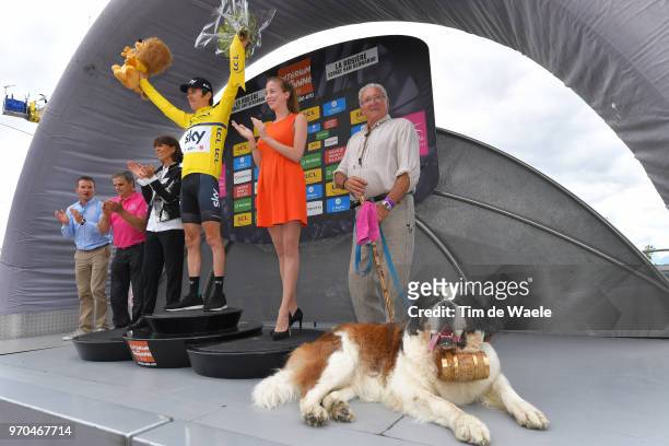 Podium / Geraint Thomas of Great Britain and Team Sky Yellow Leader Jersey / Celebration / Thomas Voeckler of France ASO / Saint Bernard rescue dog /...