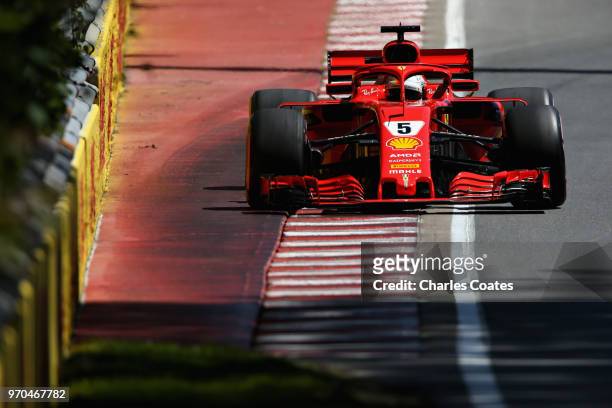 Sebastian Vettel of Germany driving the Scuderia Ferrari SF71H on track during qualifying for the Canadian Formula One Grand Prix at Circuit Gilles...
