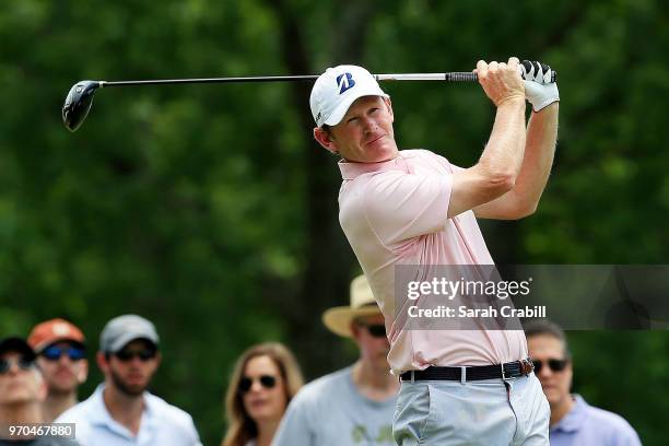 Brandt Snedeker plays his shot from the second tee during the third round of the FedEx St. Jude Classic at TPC Southwind on June 9, 2018 in Memphis,...