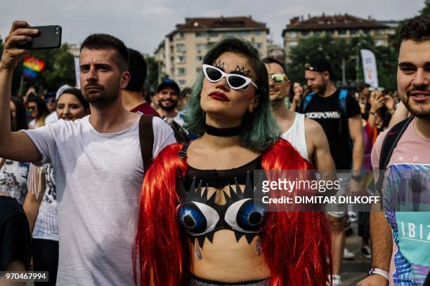 People take part in the 11th Gay Pride Parade in downtown Sofia on June 9 as gays, lesbians and transsexuals march through Bulgarian capital to...