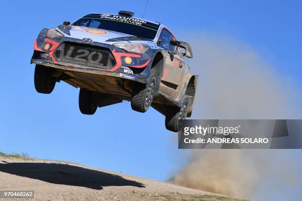 Belgian driver Thierry Neuville and compatriot co-driver Nicolas Gilsoul race their Hyundai i20 Coupe WRC during the Micky's Jumps at Monte Lerno, on...